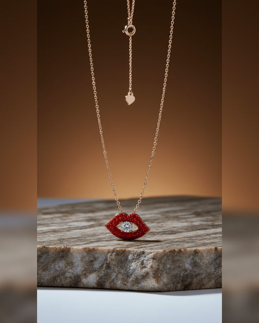 Red lips rosegold necklace.