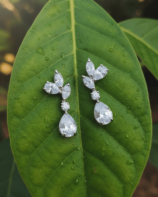 Sterling Silver CZ Teardrop Dangle Earrings | Marquise Floral Drop Earrings