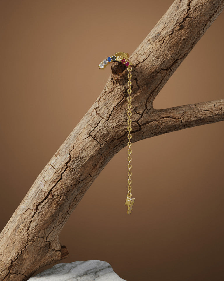 multi color curved bar with dangling bolt shape stud earring.