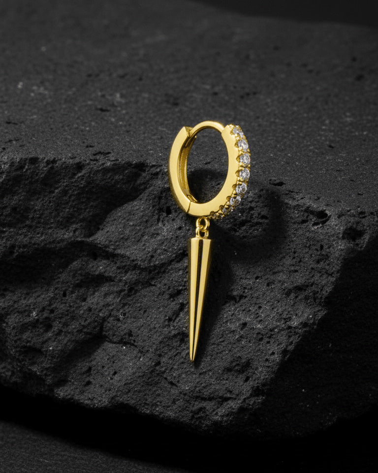8 mm CZ huggie hoop with dangling cone shape.