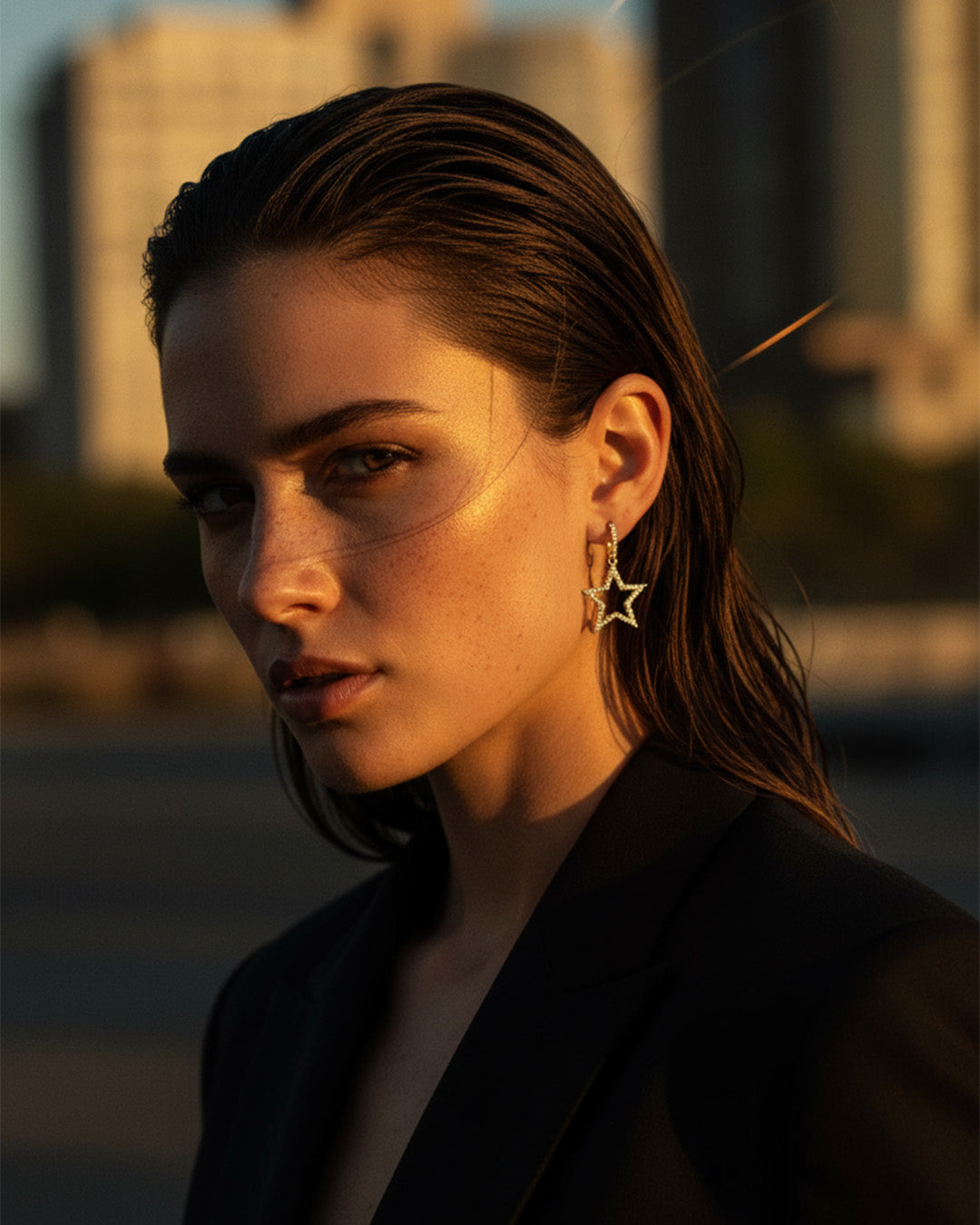 CZ huggie hoop with dangling star shape earring.