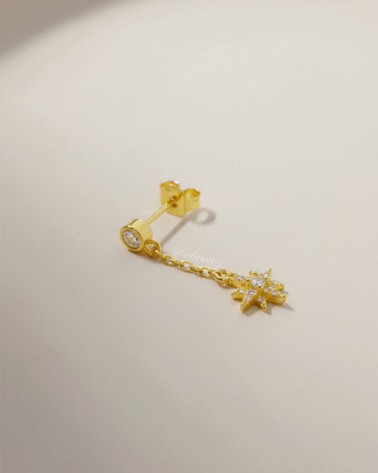 CZ round stone in bezel setting with delicate dangling star shape stud earring.
