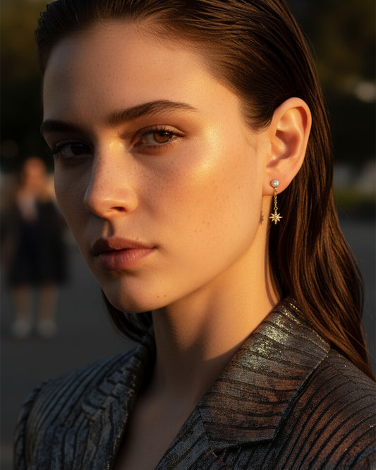 CZ round stone in bezel setting with delicate dangling star shape stud earring.