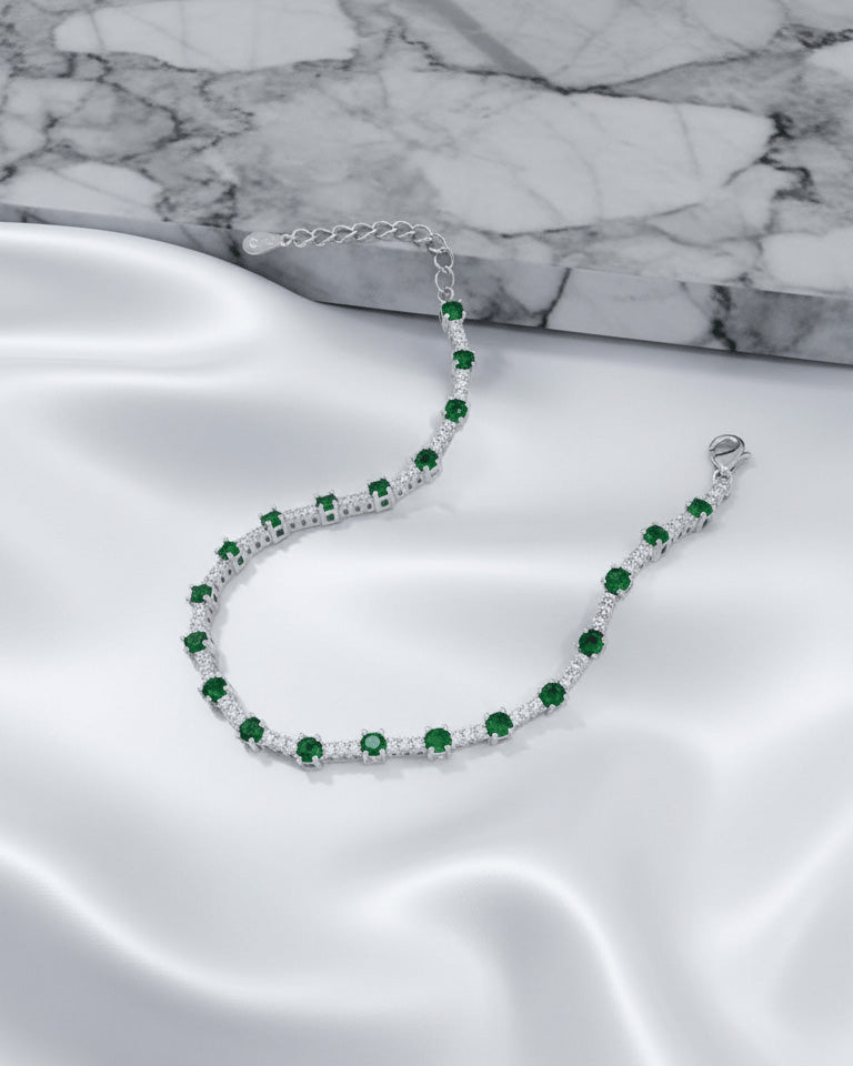 White and green CZ round stones tennis bracelet.