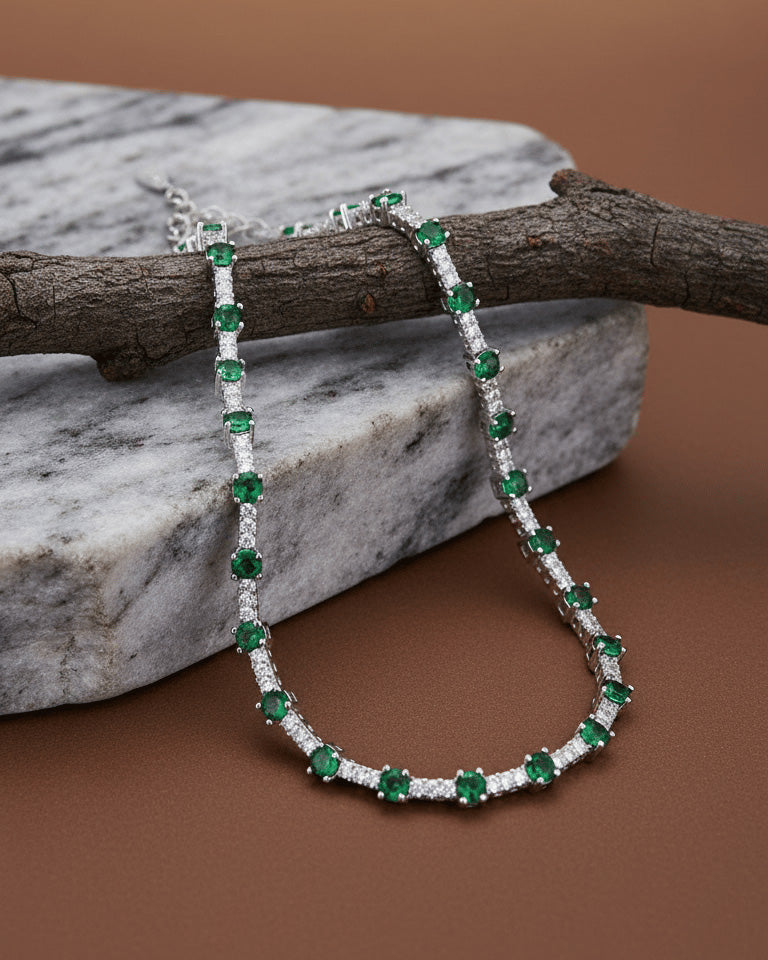 White and green CZ round stones tennis bracelet.