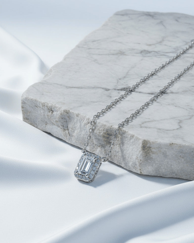 emerald cut diamond style necklace.