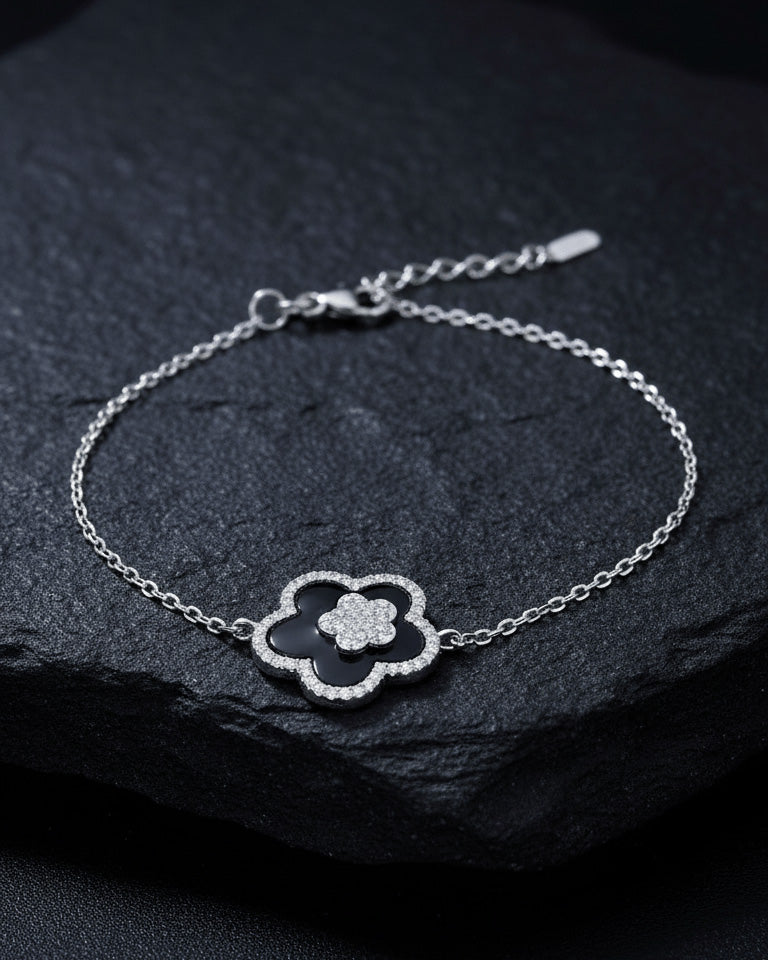 onyx flower shape bracelet in CZ halo setting bracelet.