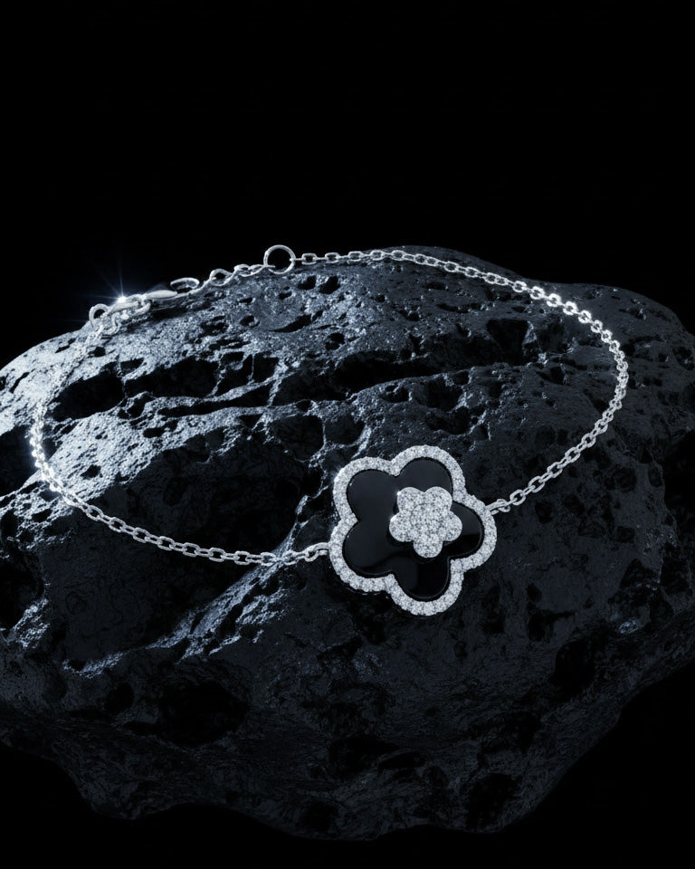 onyx flower shape bracelet in CZ halo setting bracelet.