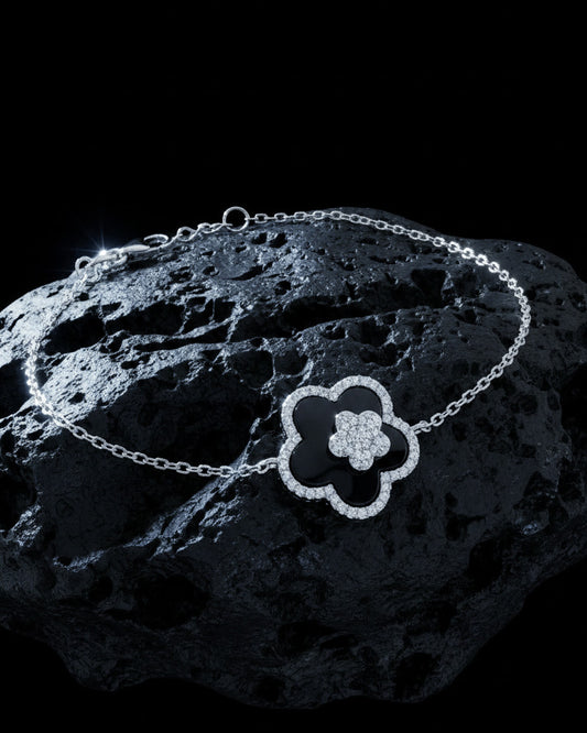 onyx flower shape bracelet in CZ halo setting bracelet.
