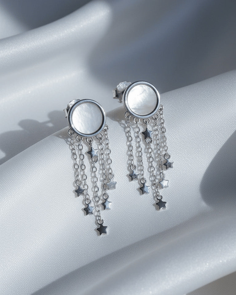 mother of pearl with dangling chains earrings.