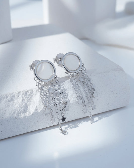 mother of pearl with dangling chains earrings.