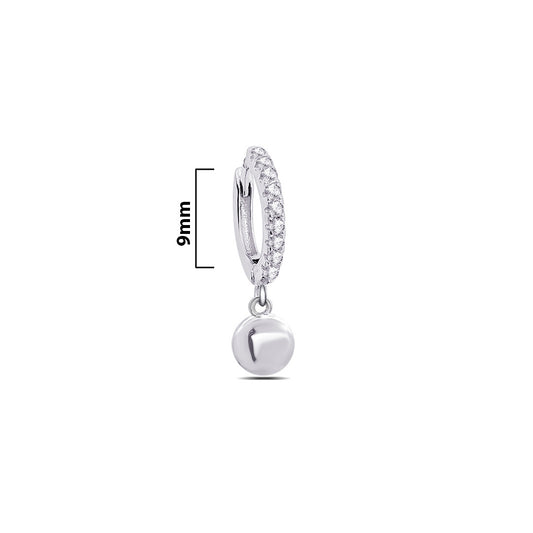 Silver dangling disc hoops earrings.