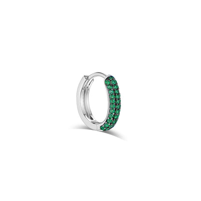 huggie emerald and sapphire three rows of stones earring.