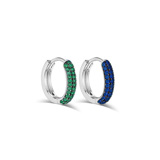 huggie emerald and sapphire three rows of stones earring.