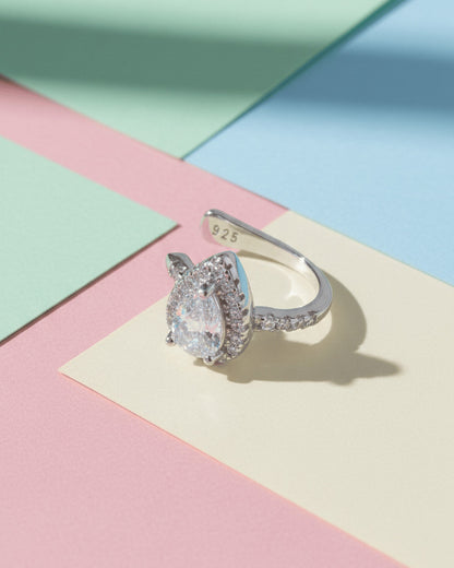 Pear shape CZ in halo setting earcuff.