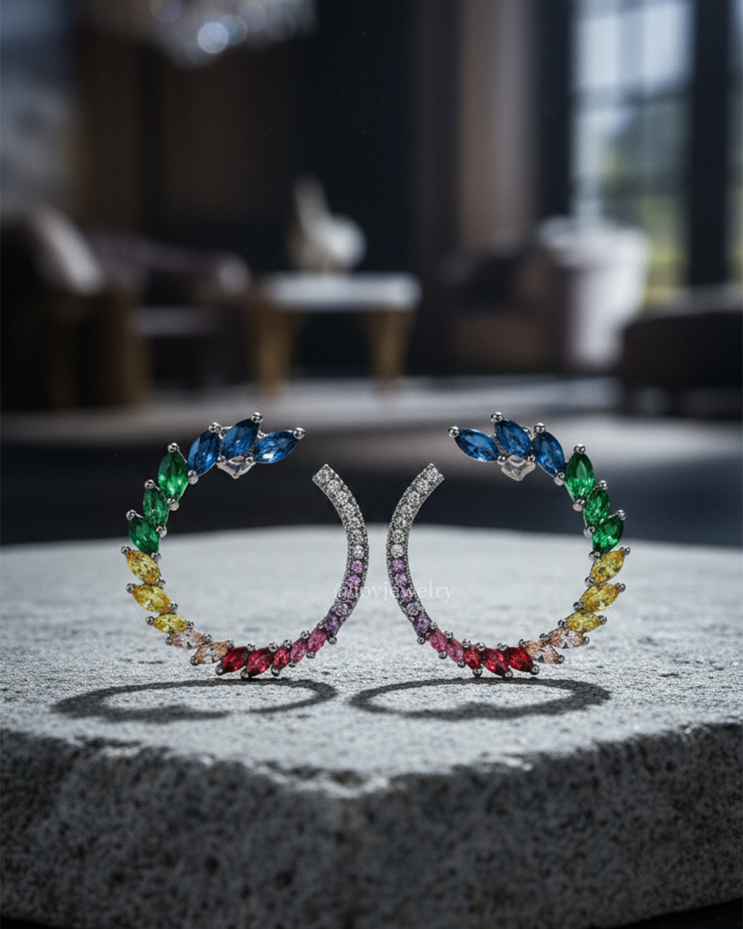 colorful circle shape marquise and round cz stones stud earring.