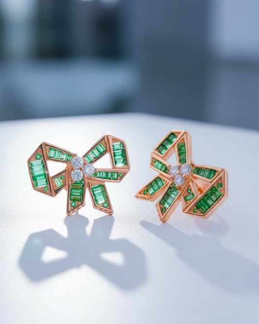 rose gold and emerald CZ color bow shape stud earrings.