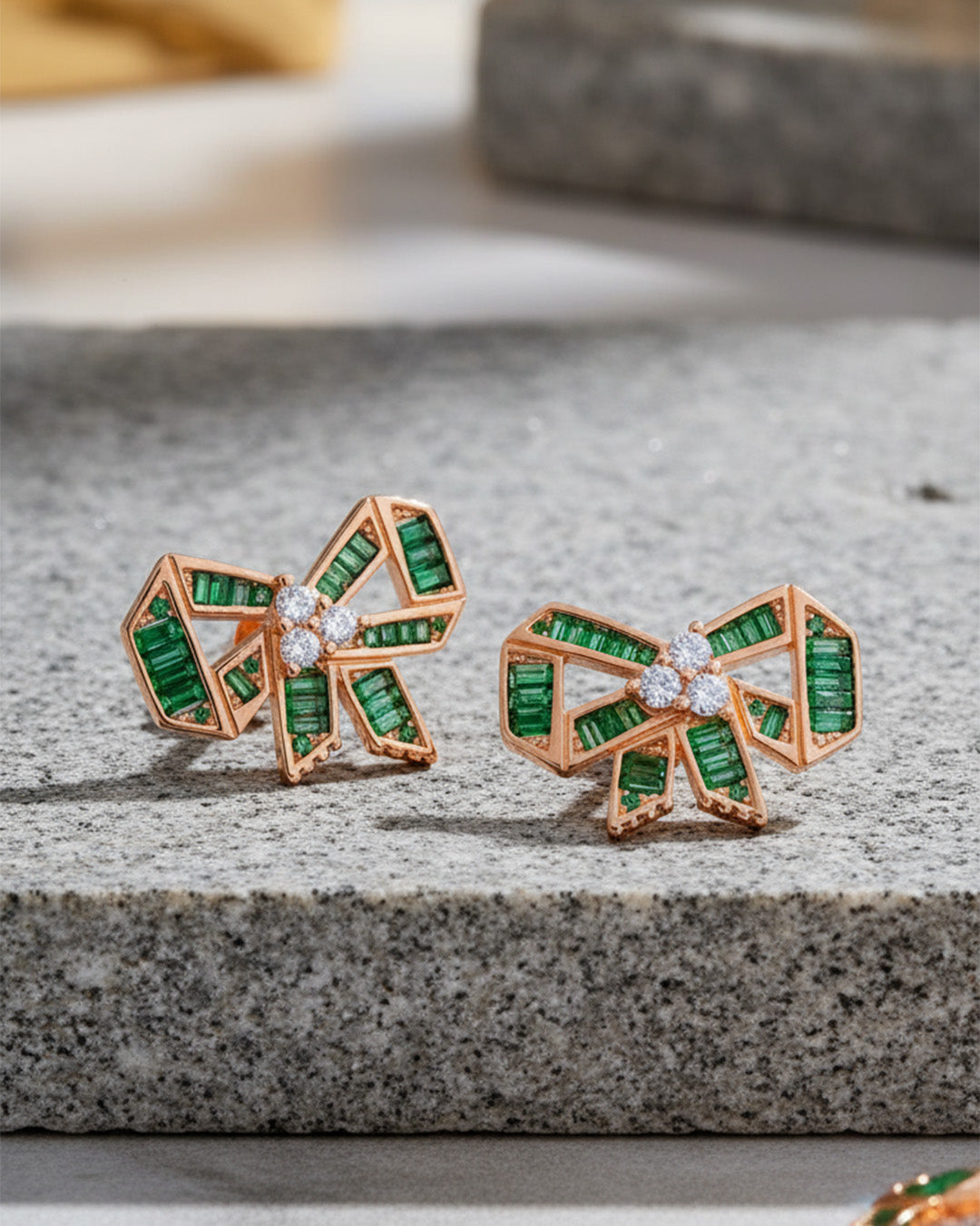 rose gold and emerald CZ color bow shape stud earrings.