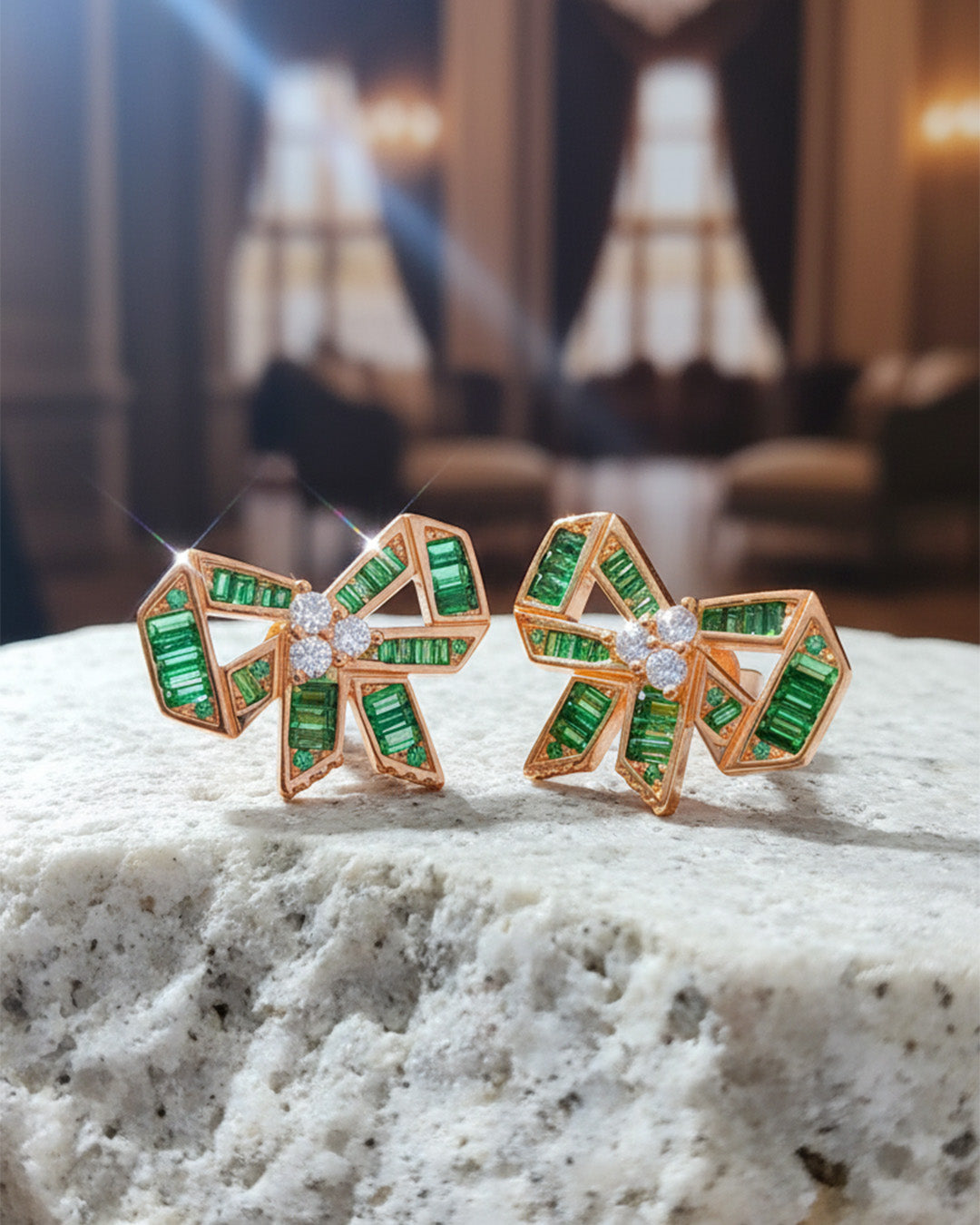 rose gold and emerald CZ color bow shape stud earrings.