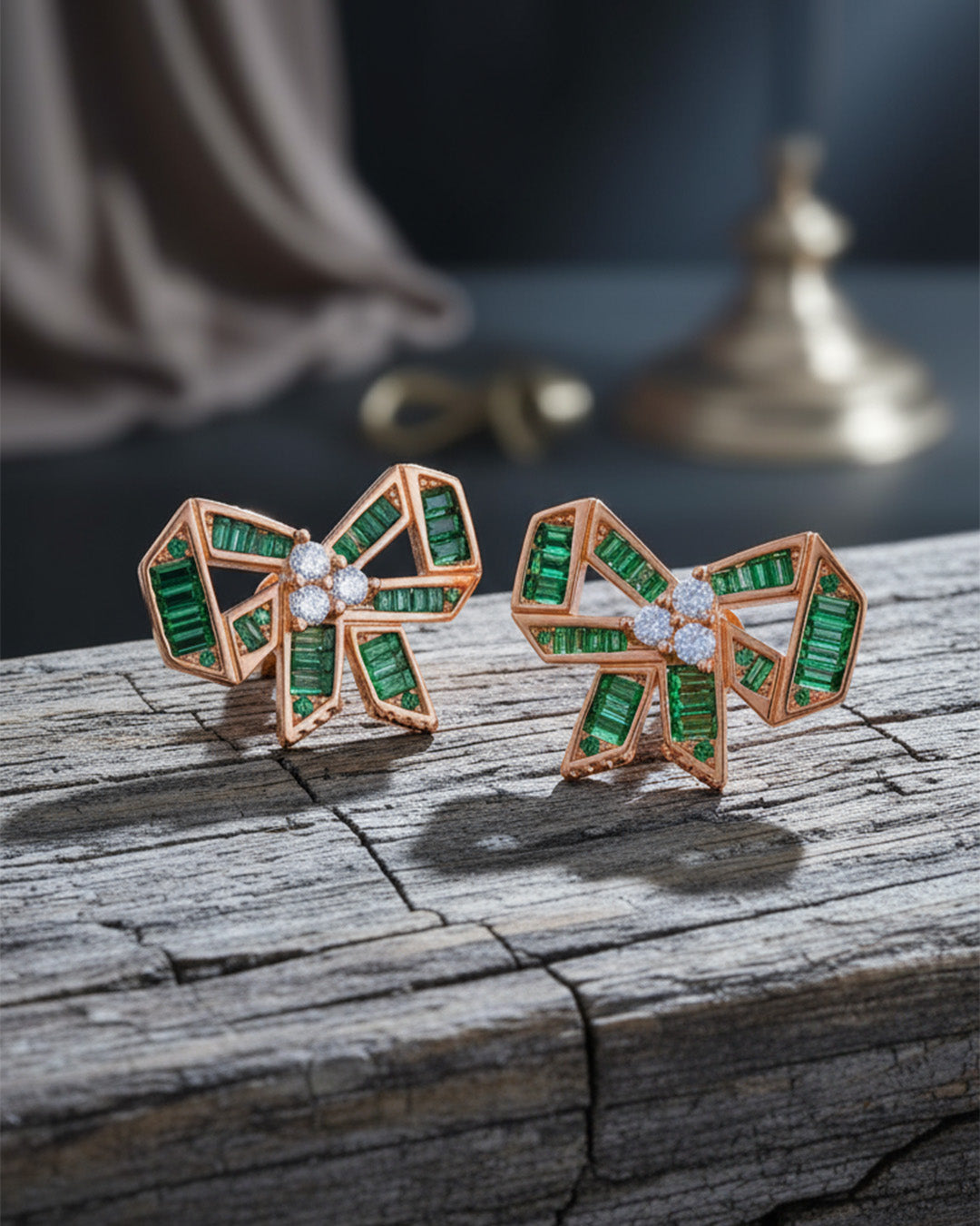 rose gold and emerald CZ color bow shape stud earrings.