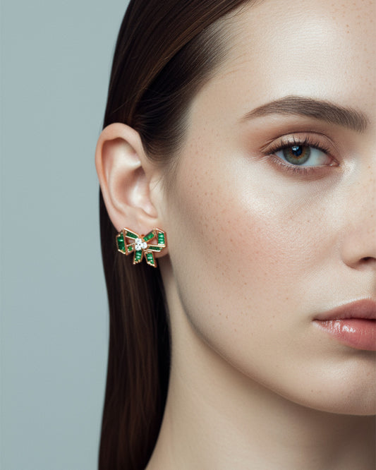 rose gold and emerald CZ color bow shape stud earrings.