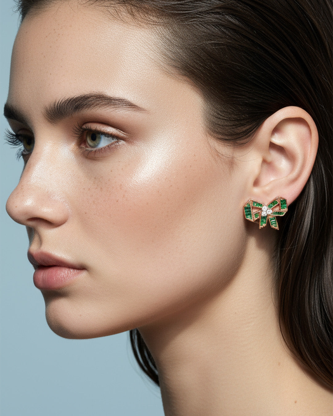 rose gold and emerald CZ color bow shape stud earrings.