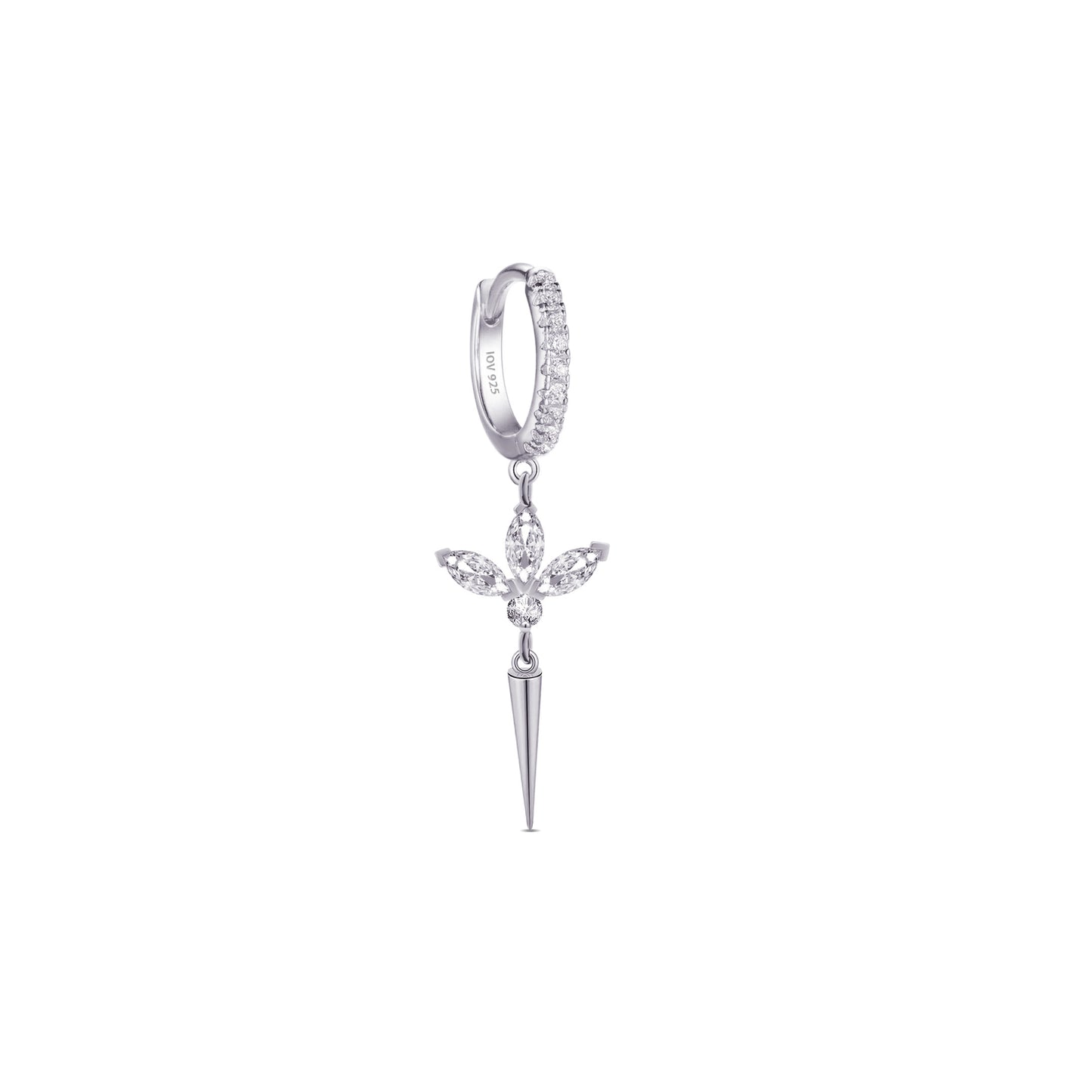 CZ huggie hoop with dangling lotus shape.