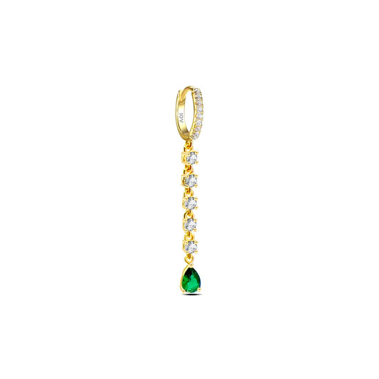 hoop with dangling stones line ended with pear shape emerald color.