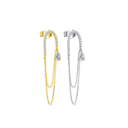Long double chain dangling earring with pear shape CZ stone.