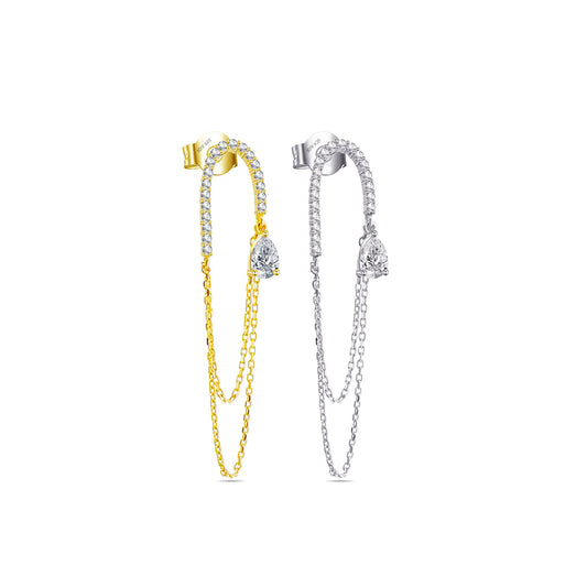 Long double chain dangling earring with pear shape CZ stone.