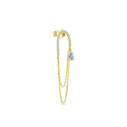 Long double chain dangling earring with pear shape CZ stone.