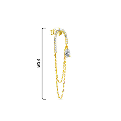Long double chain dangling earring with pear shape CZ stone.