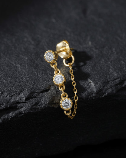 delicate back to front chain with three CZ round stones earring.