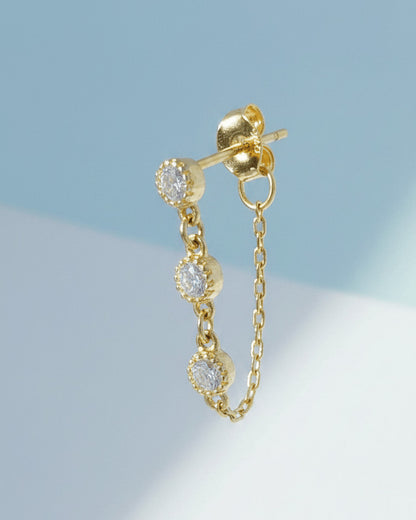 delicate back to front chain with three CZ round stones earring.