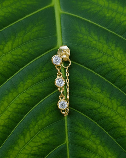 delicate back to front chain with three CZ round stones earring.