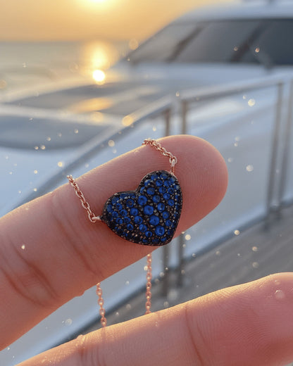 Rosegold sapphire color CZ heart shape necklace.
