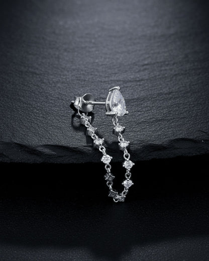 back to front pear shape stud with dangling CZ chain earring.