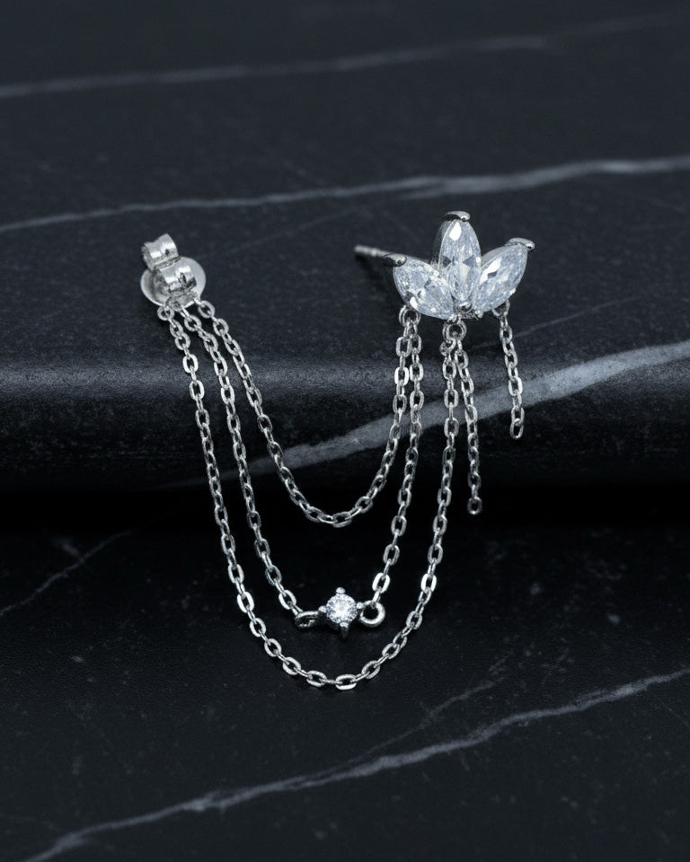 lotus shape of marquise CZ with dangling chains back to front earring.