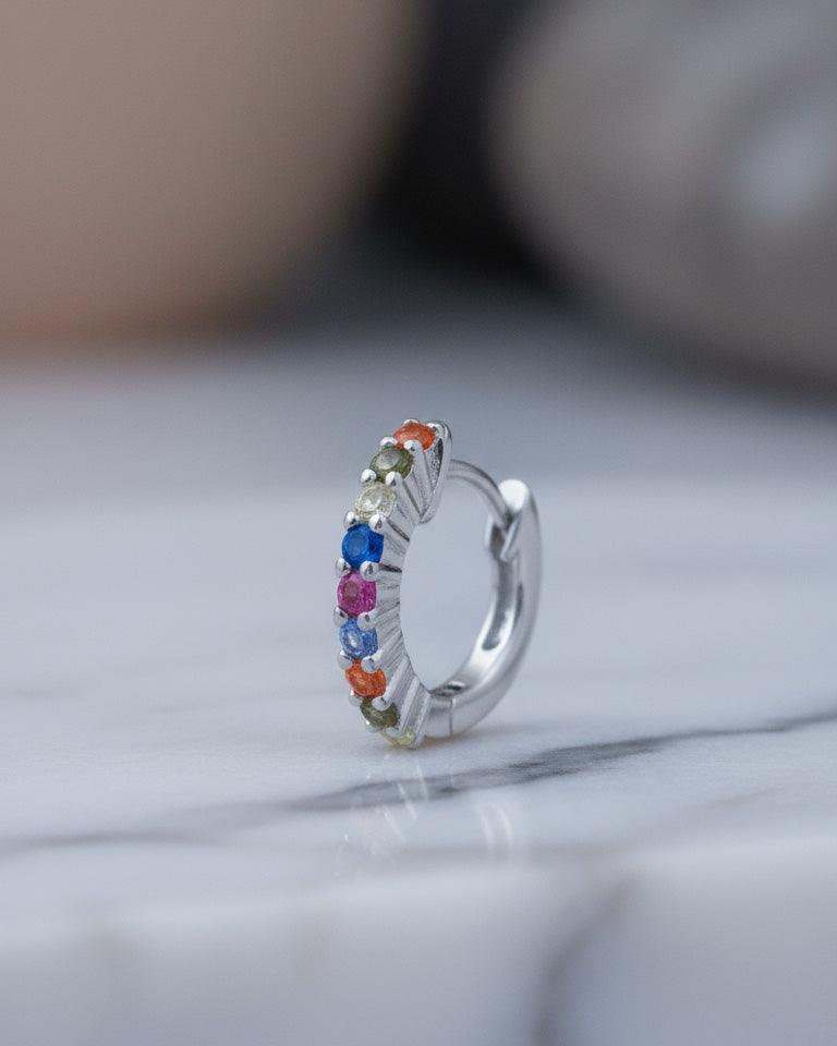 8mm multi-color huggie hoop CZ earring.