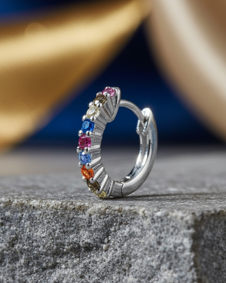 8mm multi-color huggie hoop CZ earring.