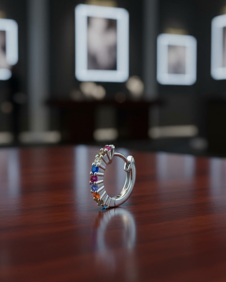 8mm multi-color huggie hoop CZ earring.