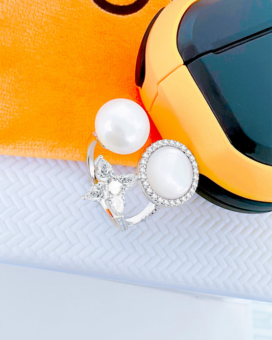 MOP, pearl and CZ open adjustable ring.