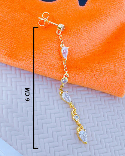CZ long earring with round and pear shape stones.