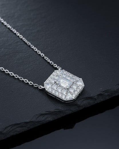 rectangular shape necklace with emerald cut CZ stone in center.