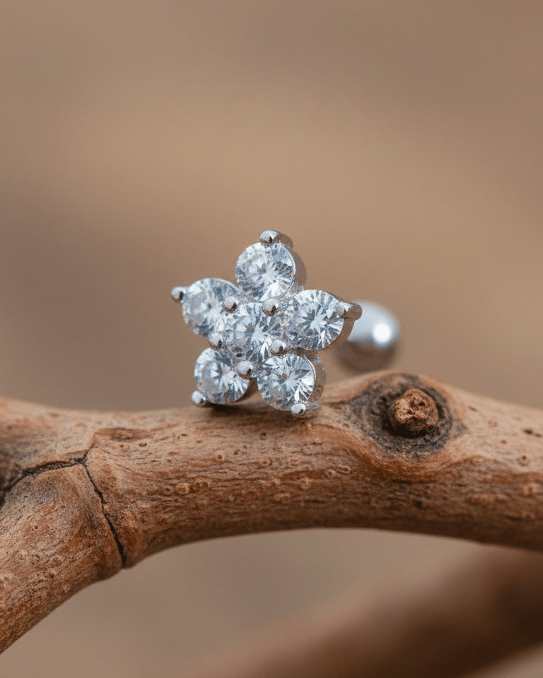 CZ cluster flower shape ballback piercing.