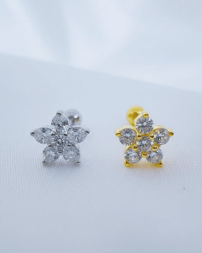 CZ cluster flower shape ballback piercing.