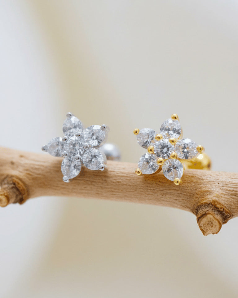 CZ cluster flower shape ballback piercing.
