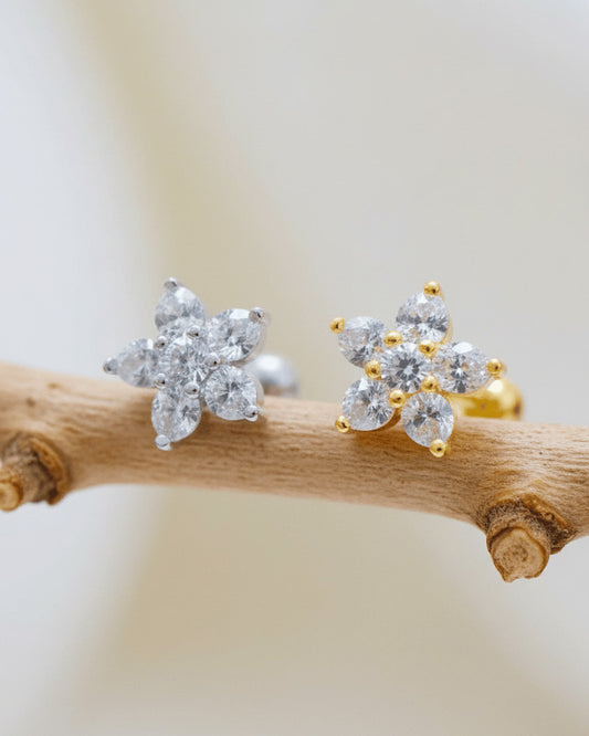 CZ cluster flower shape ballback piercing.