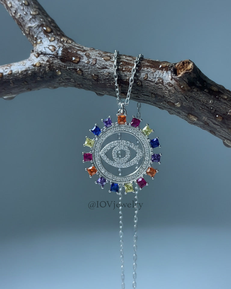 evil-eye necklace with colorful square shape CZ.