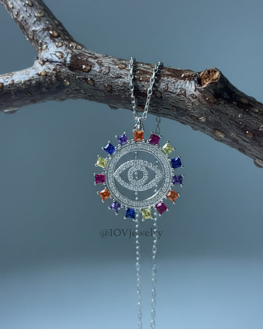 evil-eye necklace with colorful square shape CZ.